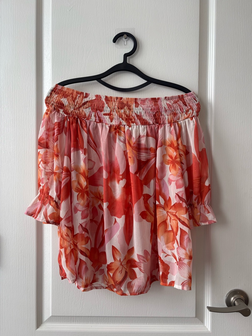 Off-Shoulder Floral Blouse - Coral & Pink